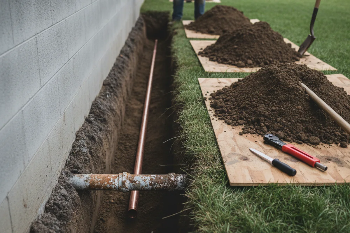 Excavated water line trench during Sewer Line Repair in Talala